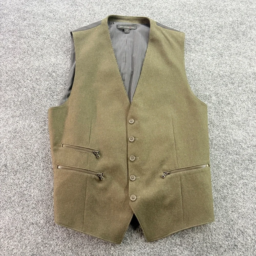 John Varvatos USA Wool Blend Vest Zipper Pockets Cinch Back 40 Olive Green Mens‎